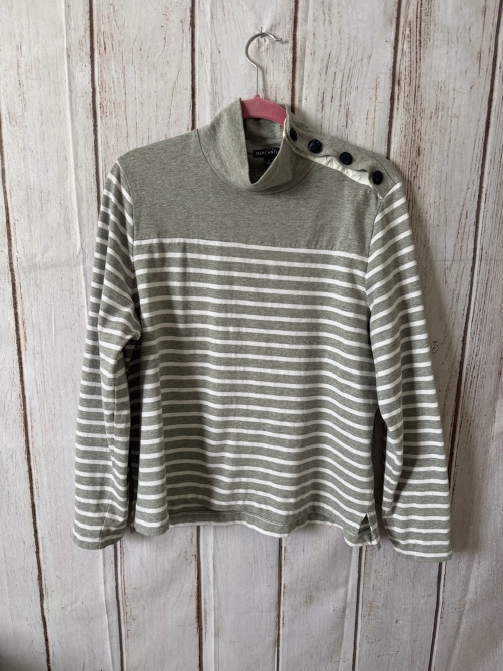J.Crew Mercantile Striped Button-Shoulder Mock NeckLong Sleeve Top Size L